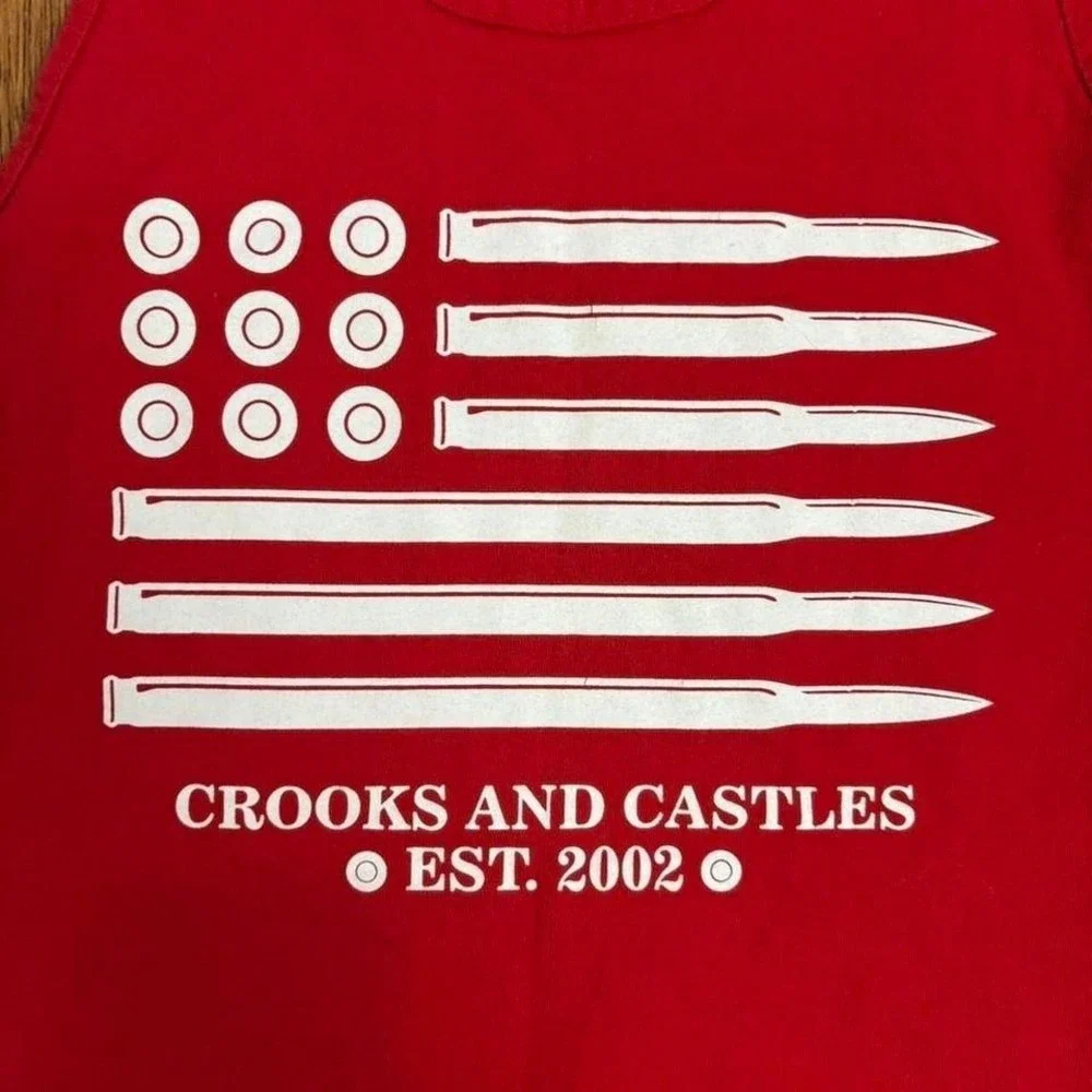 VTG Crooks and Castles Red Graphic Tank Distressed Bullet Flag‎ Tee Blokecore